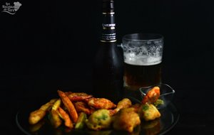 Langostinos jumbo y vegetales al tempura con cerveza
