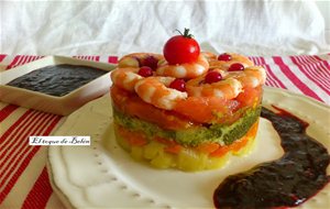 Timbal De Brocoli  Y  Langostinos Con Vinagreta De Frutos Rojos 
