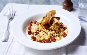 Crisp Paprika Chicken On Chorizo Rice / Pollo Crujiente Al Pimentón Sobre Arroz Con Chorizo