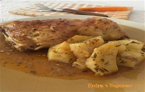 Asado De Muslos De Pollo Con Patatas Y Encurtido De Limón