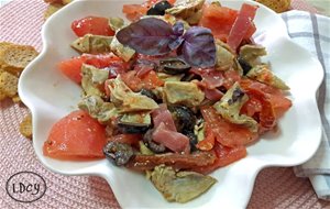 Mojete De Alcachofas, Tomates Y Jamon/ Artichokes, Tomatoes And Ham Mojete (typical Salad From Murcia And Castilla La Mancha) 
