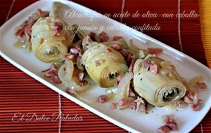 Alcachofas En Aceite De Oliva Con Jamón Y Cebolla Confitada ( Reto Recetas Sanas)
