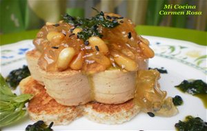 Tosta De Pate De Oca, Gelatina De Vino Moscatel Y Piñones Con Ajonjoli Y Aceite De Albahaca.
