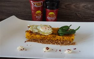 Rice With Spicy Sausage, Iberian Pork, Padrón Peppers, Quail Egg, Crunchy Crumbs And Garlic Mayonnaise / Arroz Con Chorizo Picante, Presa Ibérica, Pimiento De Padrón, Huevo De Codorniz, Crujiente De Migas Y Alioli