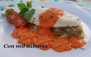 Lomos De Merluza Rellenos De Verduras Con Salsa De Pimientos Rojos
