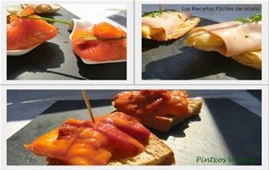 Pintxos Vascos (bacalao Con Tomate Y Pimientos, Saquitos De Salmón Y Rollitos De Jamón Y Esparragos